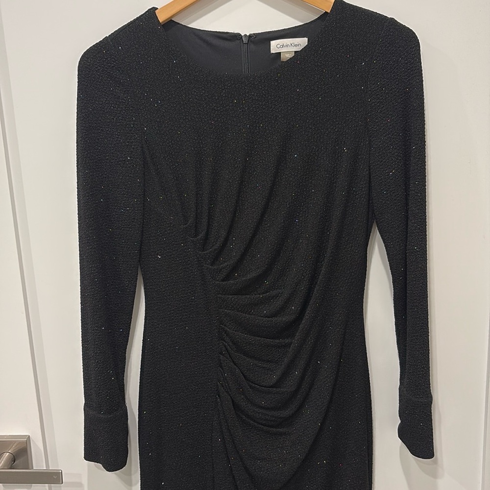 Calvin Klein Black Long-Sleeve Draped Evening Dress